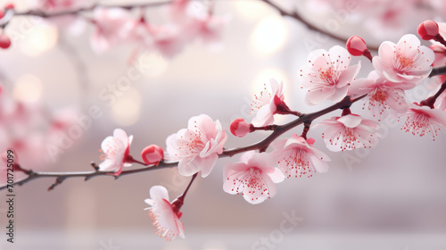 Pink sakura branches of blossoming against of blurred background on nature outdoors. Beautiful cherry blossom flower blooming, dreamy romantic image spring, flower petal, copy space. Generative AI
