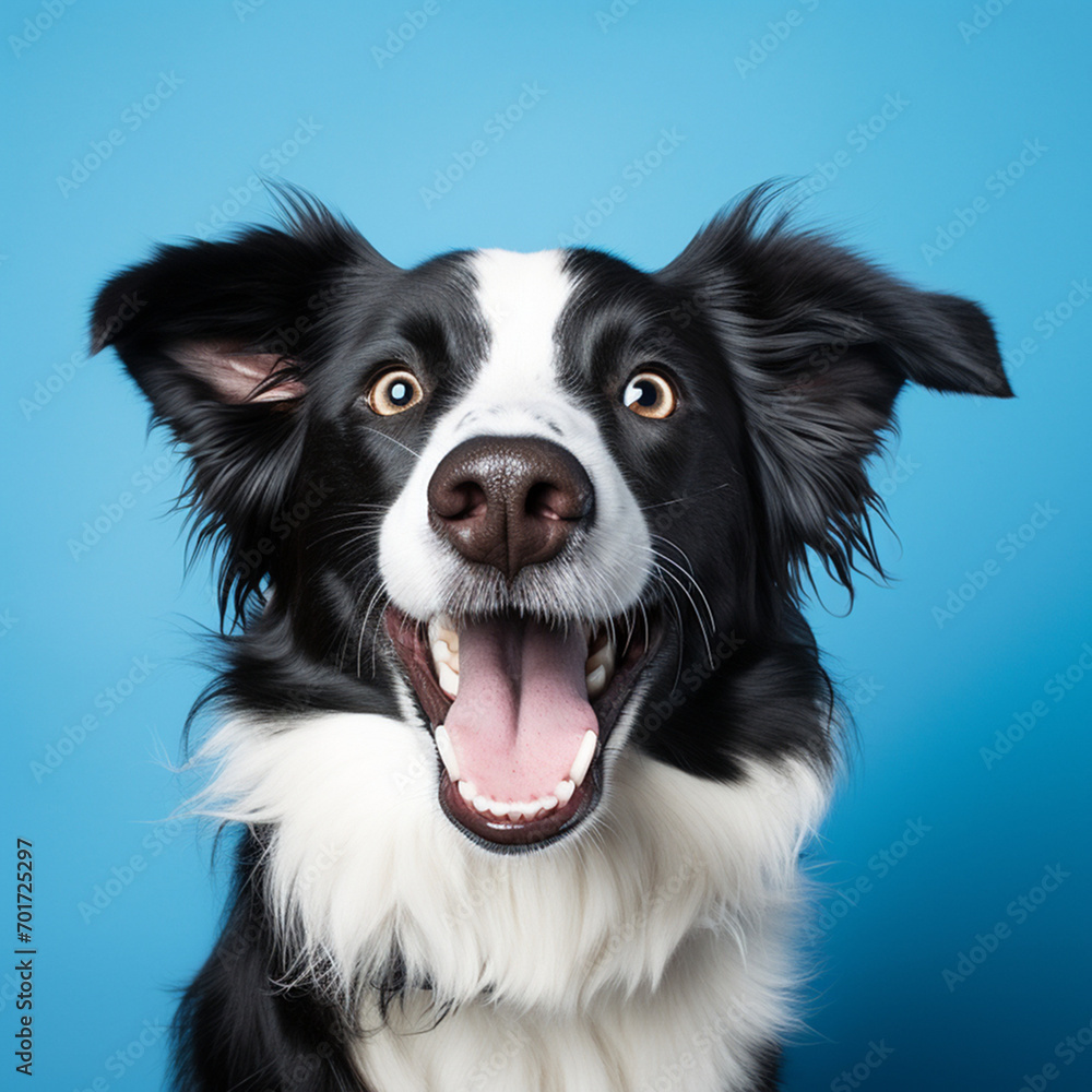 Fototapeta premium Happy dog on a blue background. border collie funny muzzle in studio