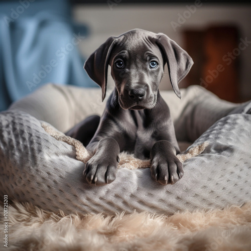 Cute Great Dane puppy in the dog bed at home. pet bed advertisement