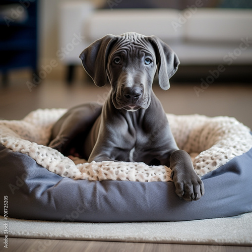 Cute Great Dane puppy in the dog bed at home. pet bed advertisement