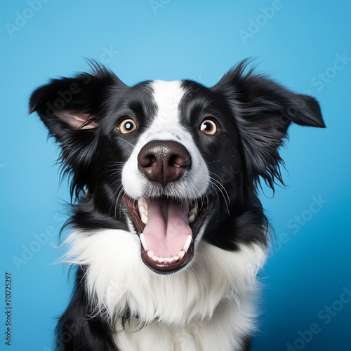 Happy dog on a blue background. border collie funny muzzle in studio © Виктория Дубровская
