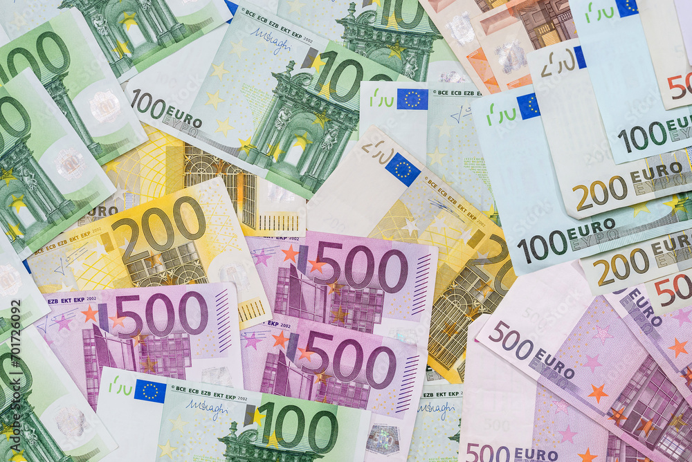 Lot of paper different euro banknotes as finance bachground. Top view Lot of paper different euro banknotes as finance bachground. Top view