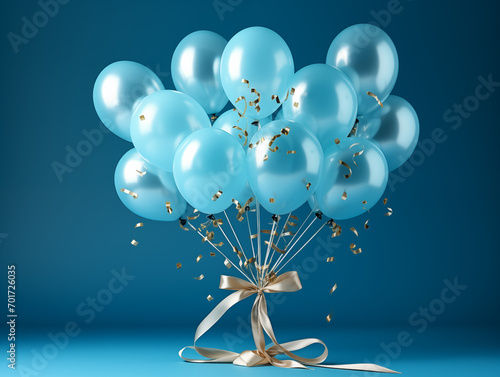 Foto ramo 12 globos azules flotando sobre fondo oscuro, confeti  y lazo dorado, amor, 25 aniversario, celebración, popurrí, invitaciones decoraciones emotivas, presentación bautizo bodas de plata photo