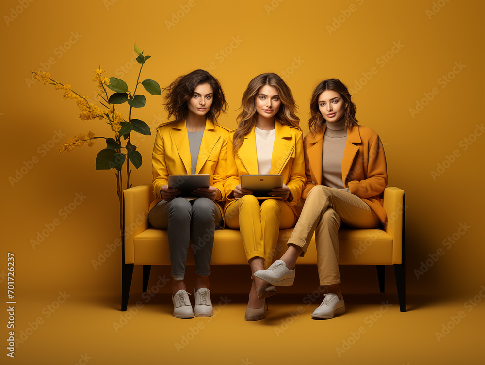 Fototapeta premium Tres jóvenes trabajadoras reunidas, sentadas, vestidas de amarillo, revisando datos, en un sofá amarillo, fondo amarillo con plantas, trabajo grupal en equipo, tecnología I+D, innovación y desarrollo