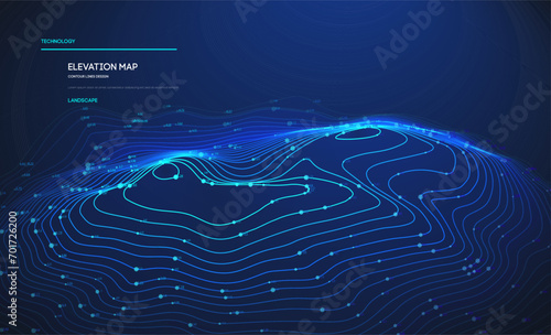 Topographic map blue technology background. Big data elevation map with contour lines. Topographic landscape design.