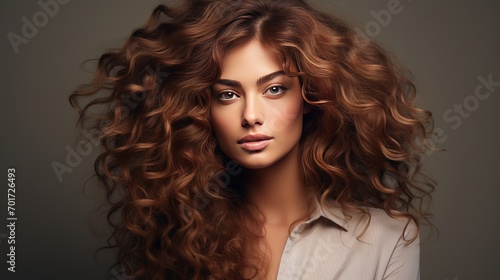 A woman who has brown hair and a hairstyle that is elegant, voluminous, and frizzy.