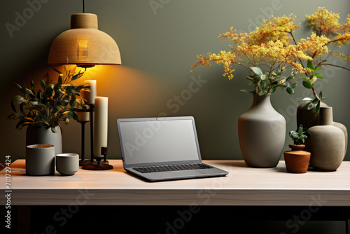 Cozy workplace with a laptop with an empty screen, yellow flowers in a vase, a lamp on a wooden table