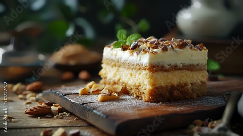 Delicious cheesecake with nuts on a wooden board, selective focus