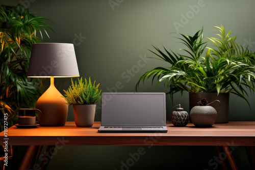 Blank screen  laptop mockup on the desktop with potted plants on the table  lamp