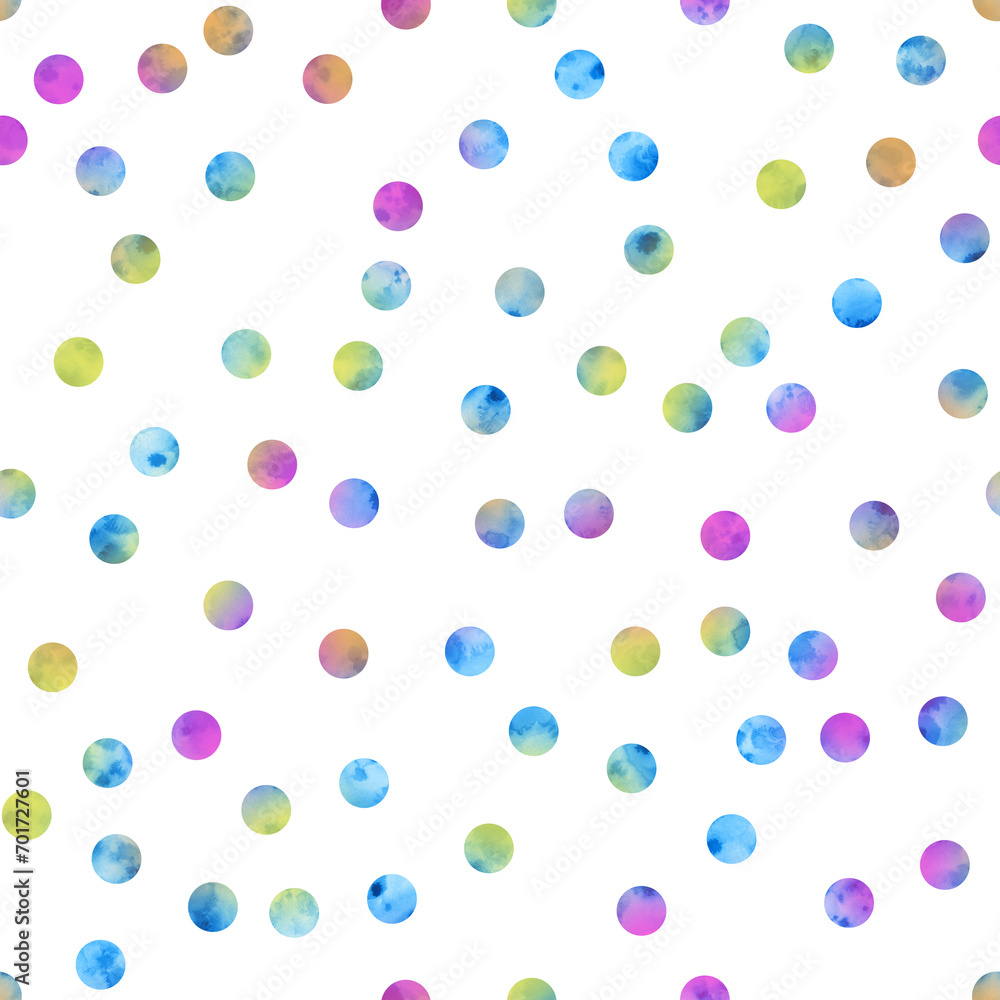 Multicolored polka dots seamless watercolor pattern. Hand drawn endless background. Texture circles simple backdrop. For fabric and wallpaper.
