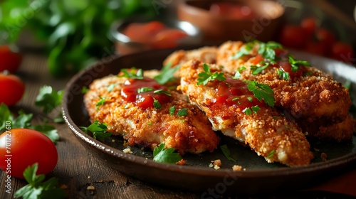 Chicken cutlets with tomato sauce and parsley on a plate.