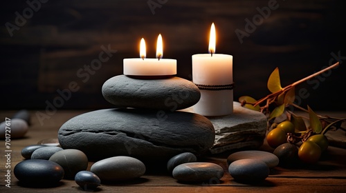 Candles and stones arranged in a pile.