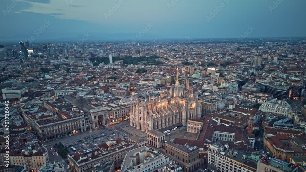 Aerial Hyper lapse Time Lapse of Milan Cathedral Illuminated Piazza Del Duomo Di Milano And Milano Skyline At Dusk, 4K Footage in Milan Italy
Aerial Hyper lapse Time Lapse of Milan Cathedral Illuminated Piazza Del Duomo Di Milano And Milano Skyline At Dusk, 4K Footage in Milan Italy