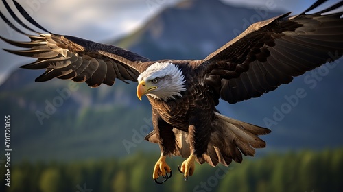 The background is blurry and the eagle is flying in the sky in a close-up shot.