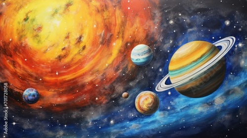 space planets are drawn with pencils and paints by a child. concept space, universe, planets, children's drawing