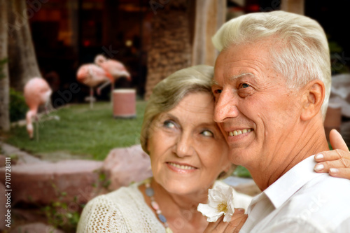 portrait of a beautiful old couple senior hugging