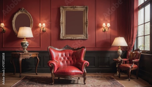 interior design living room picture frame mockup on a wall and red chair