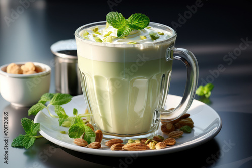 Pistachio latte in a glass mug on the table