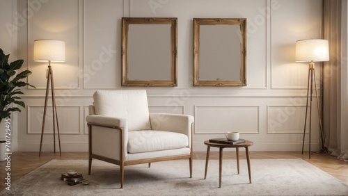 interior design living room picture frame mockup on a wall and a white chair