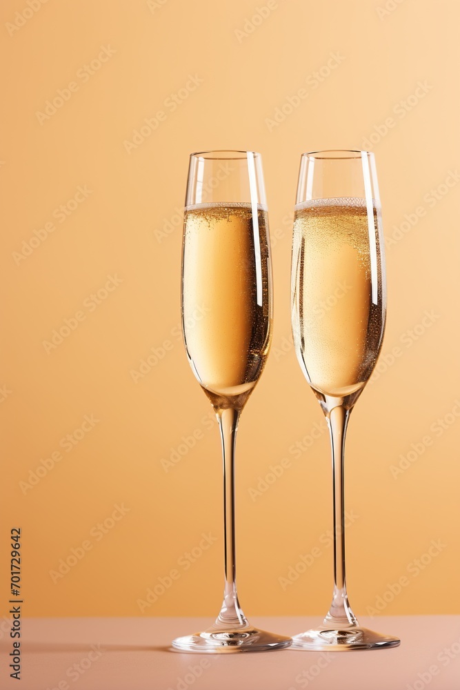 two champagne glasses against a clean beige background. two champagne glasses against a clean beige background.
