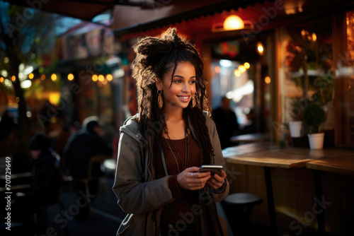 Young woman holds a smartphone in her hands on the street in the city and smiles while chatting online or surfing the Internet while shopping online