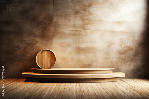 Wooden steps and round object on neutral background