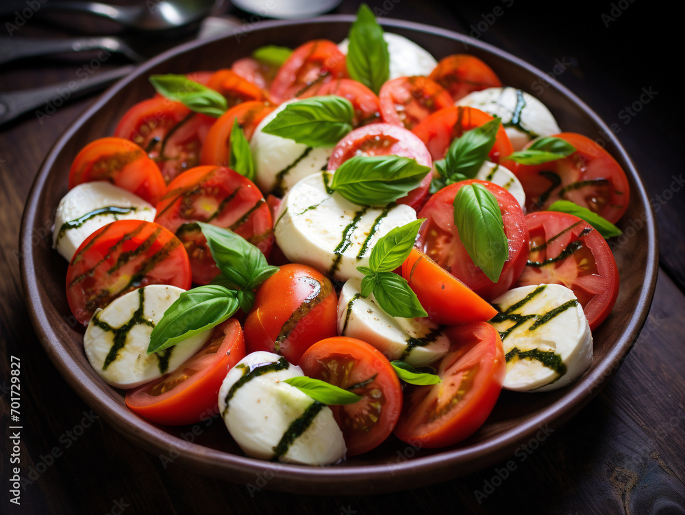 A vibrant and appetizing caprese salad made with juicy tomatoes, 00041_03_rl. A vibrant and appetizing caprese salad made with juicy tomatoes, 00041_03_rl.