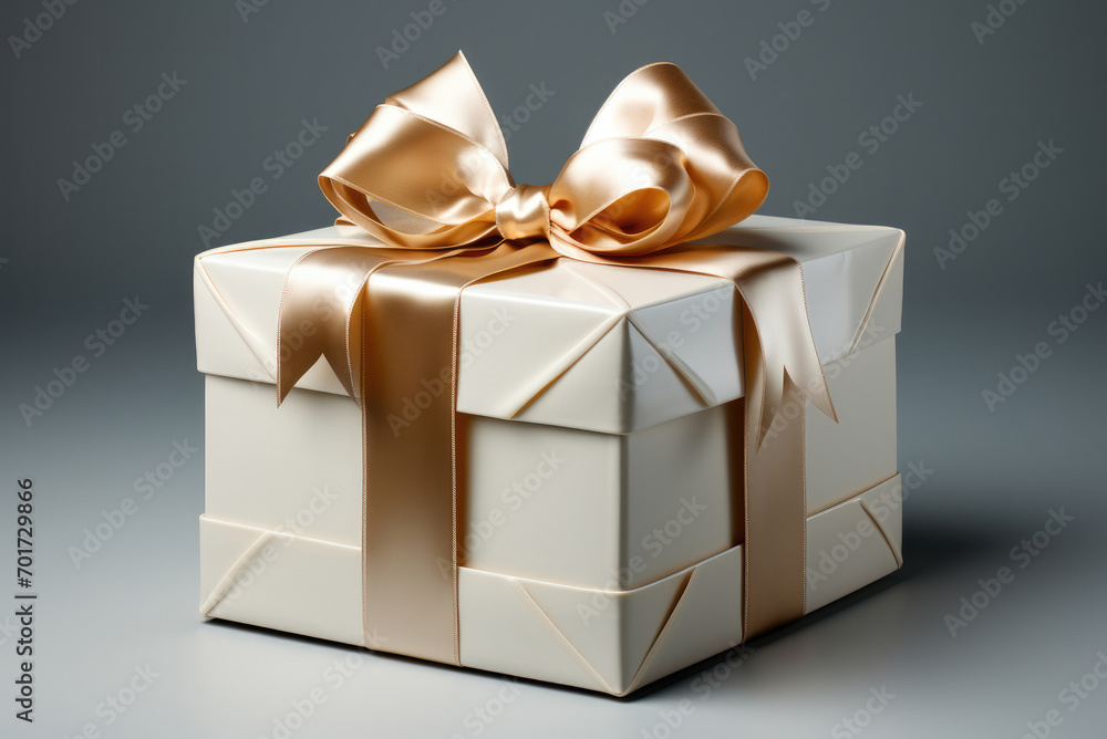 Fototapeta premium Gift box with a gold ribbon and a bow on a gray background