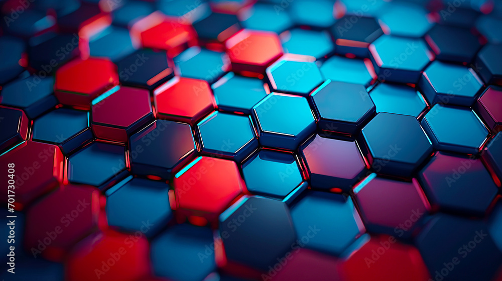 Abstract background with lots of red and blue hexagonal prisms. Postproducted generative AI illustration. Abstract background with lots of red and blue hexagonal prisms. Postproducted generative AI illustration.