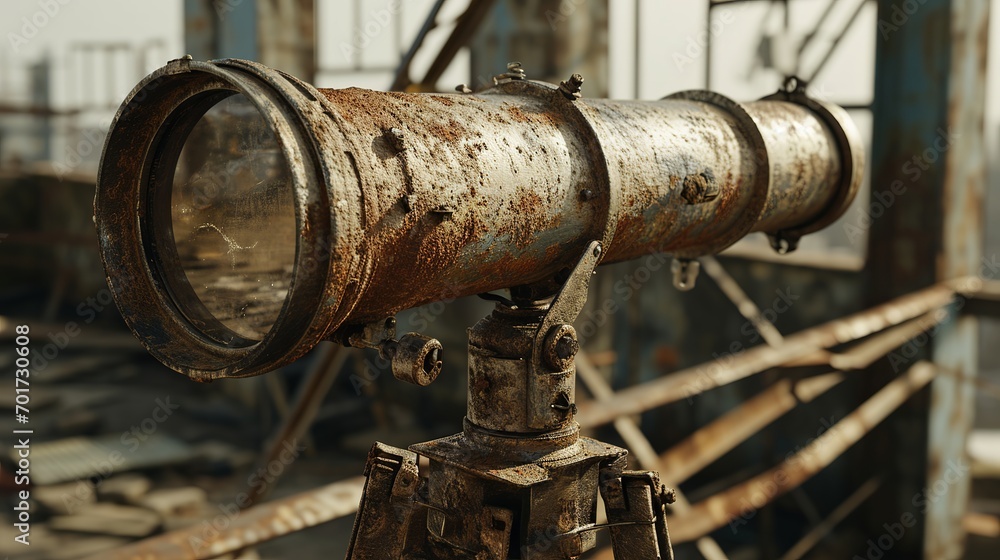 Rusty Vintage Telescope, Weathered Metal, Abandoned Industrial Equipment