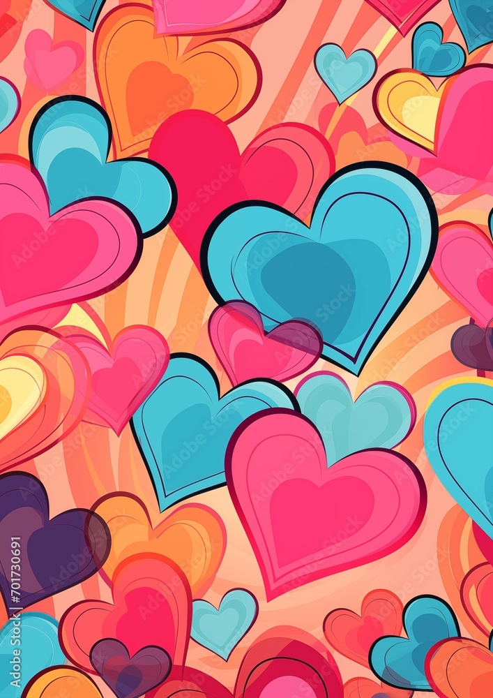 Vintage background with valentine hearts in the style of the 80s-90s, poster postcard with texture and patterns of colorful bright hearts.