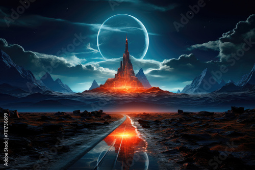 Futuristic landscape with mountains  a planet in the sky at night and a glowing flash