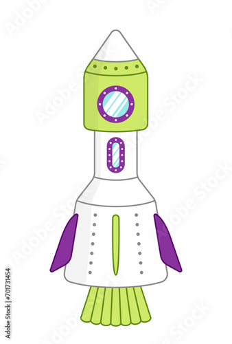 Green and purple rocket with portholes. Cartoon, vector