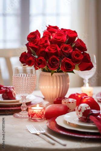 Intimate valentine s day dinner table with roses and soft light