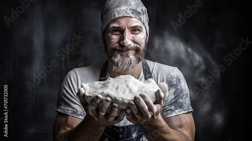 A man is seen in the front with his hands covered in flour from bread.