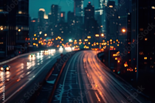 Urban night street with blurred traffic lights creating vibrant cityscape. Abstract nightlife. Glowing streets in modern city. Dynamic scene with glittering bokeh