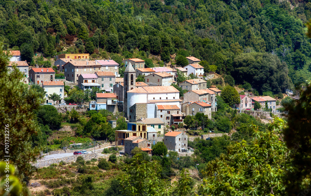 View of the Village of Christinacce in the Corsican Mountains, France