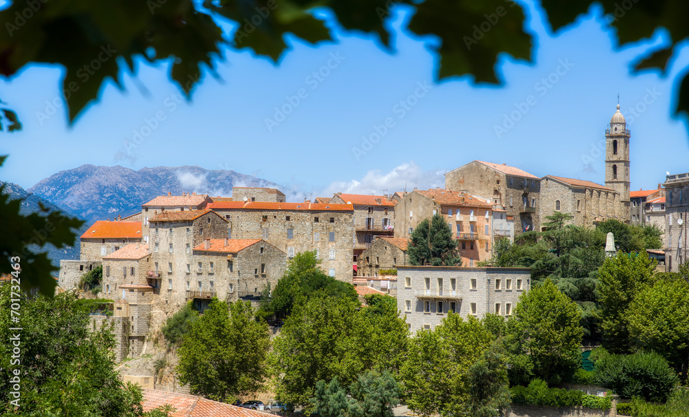 View of the Beautiful City of Sartene on Corsica, France, with the Church of Sainte Marie