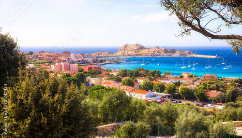 View of the City of L'Ile Rousse on Corsica, France, with Ile de la Pietra at a Distance