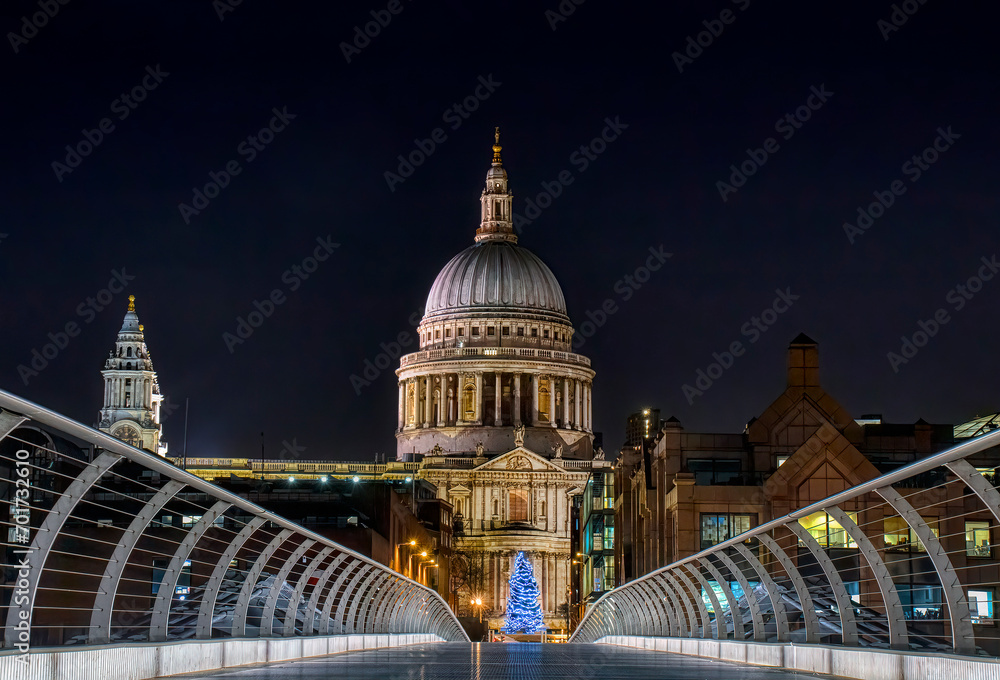 Approaching St Paul's Cathedral in London on the Millennium Bridge in the Night at Christmas Time
