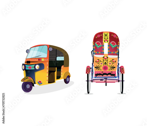 Set of rickshaw, and tuk-tuk on white background.