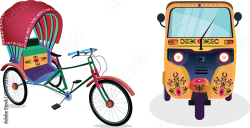 Set of rickshaw, and tuk-tuk on white background.