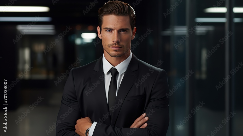 A young businessman stands behind a closed door with his arms crossed, showing his confidence. A young businessman stands behind a closed door with his arms crossed, showing his confidence.
