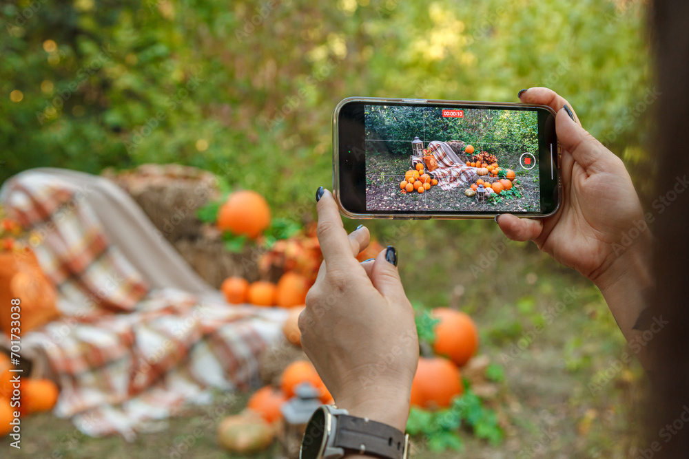 Beautiful autumn location with pumpkins in the phone, Halloween, Beautiful autumn location with pumpkins in the phone, Halloween,