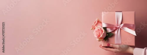 Valentine's Day, wedding, birthday celebration holiday greeting card banner concept - Woman holding a present gift box with pink bunch bouquet of roses flowers in her hands © Corri Seizinger
