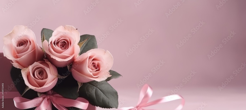Valentine's Day, wedding, birthday celebration holiday greeting card banner concept - Pink bunch bouquet of roses flowers and gift box with ribbon on table