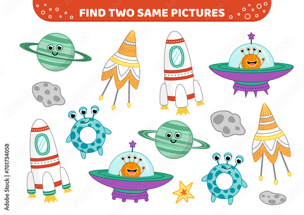 Space game with aliens, ufo, Saturn. Find two same pictures. Game for children. Cartoon, vector