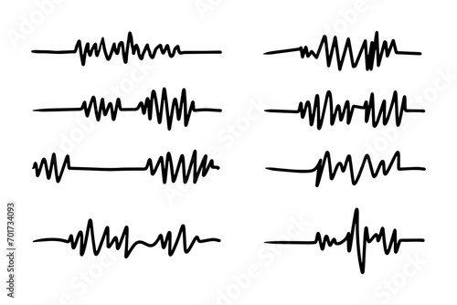 Doodle graphics of heartbeats, sound symbols and earthquakes.
