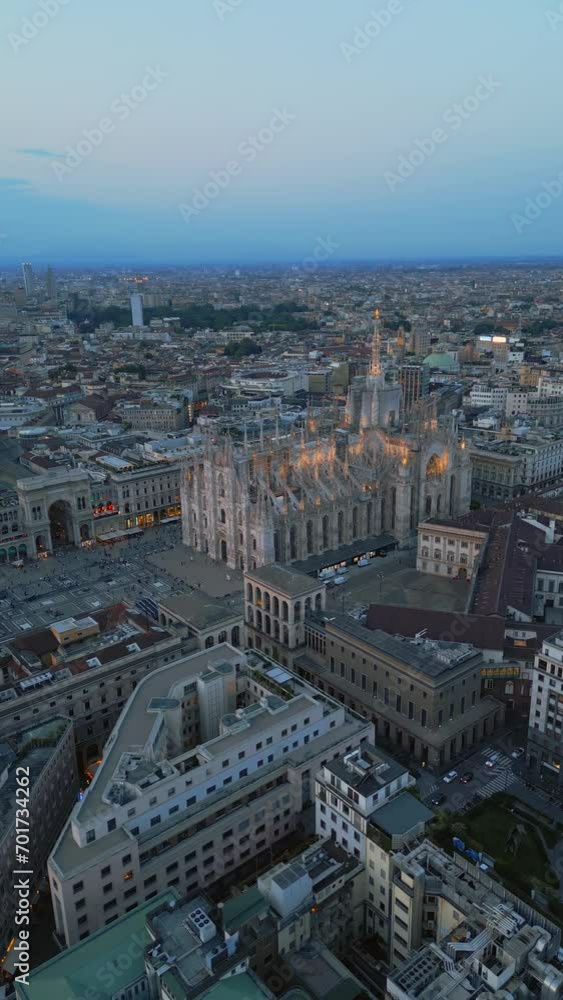 Aerial Vertical Shot of Milan Cathedral Piazza Del Duomo Di Milano And Milano Skyline At Sunset, 4K Footage in Milan Italy Aerial Vertical Shot of Milan Cathedral Piazza Del Duomo Di Milano And Milano Skyline At Sunset, 4K Footage in Milan Italy