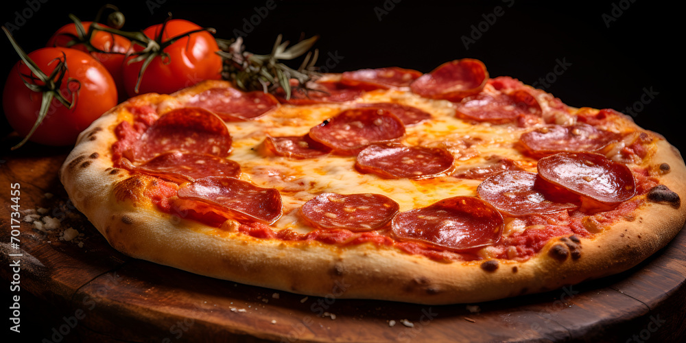 A pizza with pepperoni on it and tomatoes on the table, A pizza with pepperoni on it, A pizza with pepperoni on it on a wooden table, generative AI

